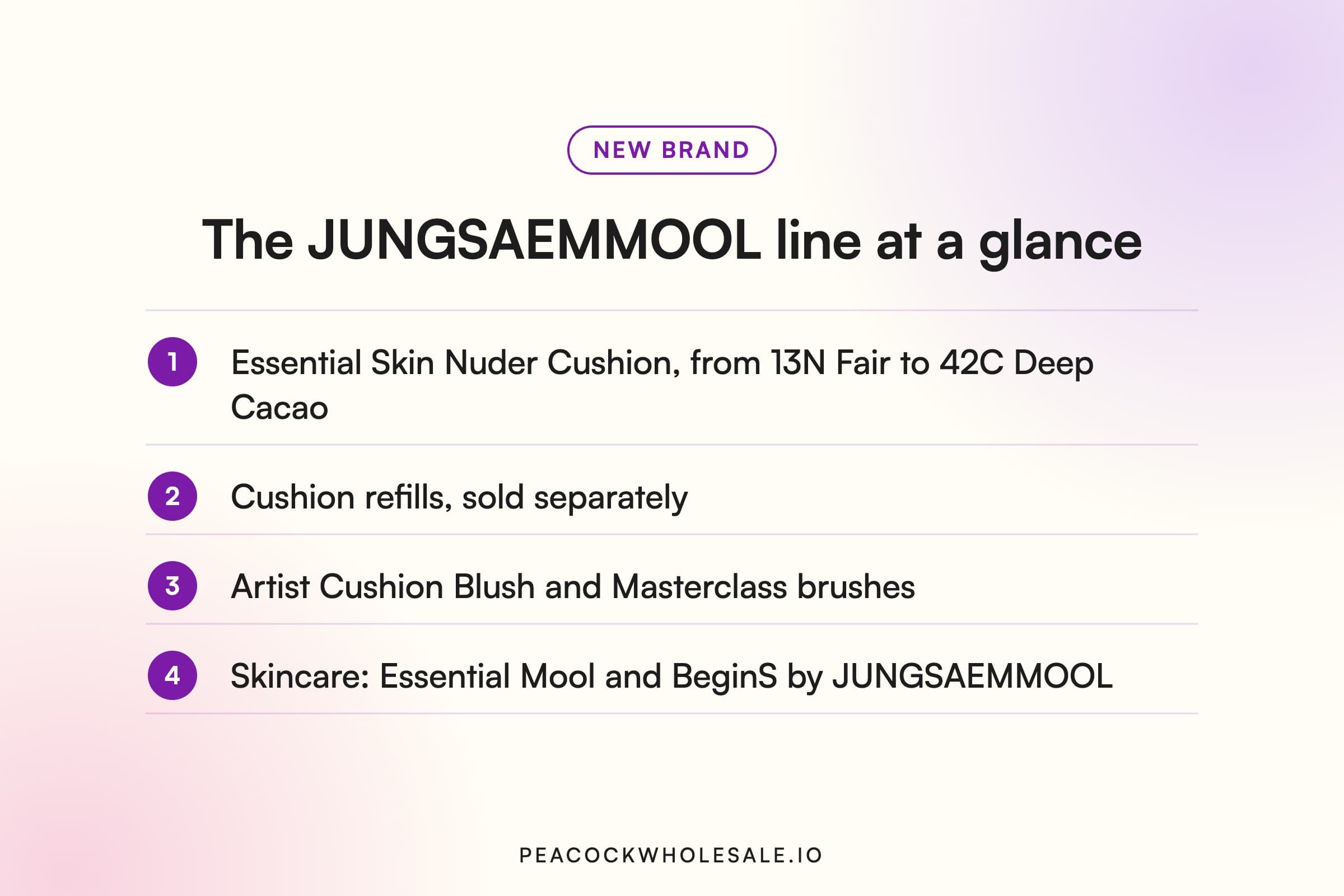 The JUNGSAEMMOOL line at a glance: Skin Nuder Cushion shade range, refills, blush, brushes and skincare